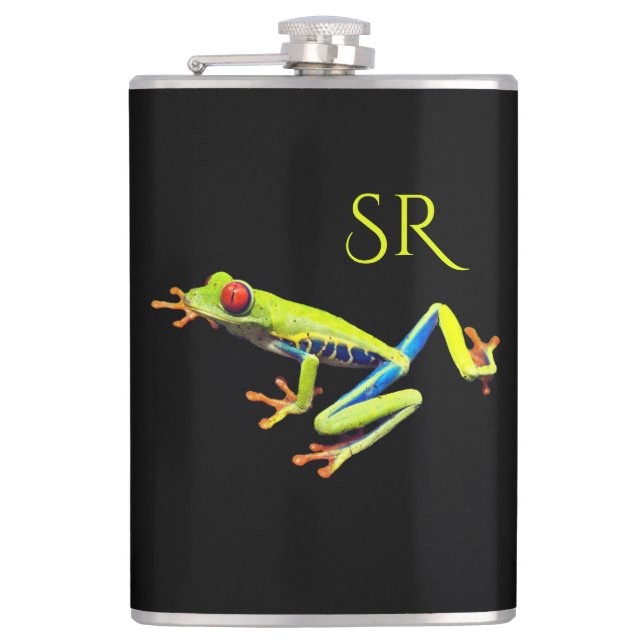 Red Eyed Painted Tree Frog Monogram Hip Flask (Front)