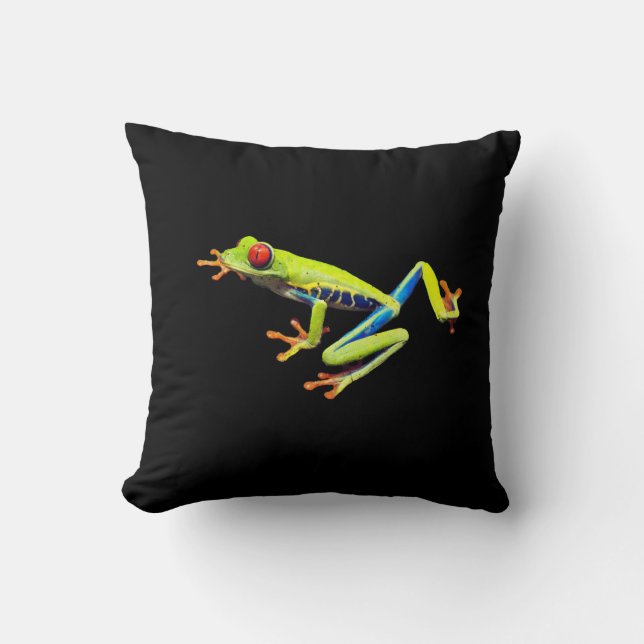 Red Eyed Painted Tree Frog Solid Black Back Throw Pillow (Front)