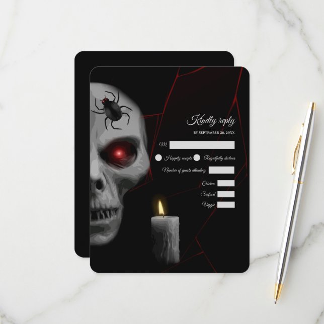 Red-Eyed Skull Gothic Spider Candle - Dark Moody RSVP Card (Front/Back In Situ)