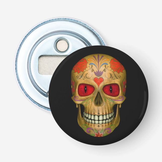Red  Eyed Sugar Skull  Magnetic Bottle Openers (Front)