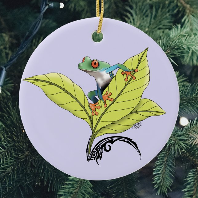 Red Eyed Tree Frog Green Leaves Lavender Ceramic Ornament (Creator Uploaded)