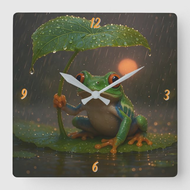 Red Eyed Tree Frog Leaf Umbrella in Rain Square Wall Clock (Front)
