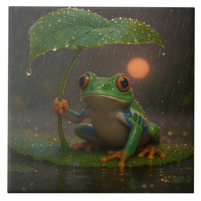 Red Eyed Tree Frog Leaf Umbrella in Rain Tile (Front)