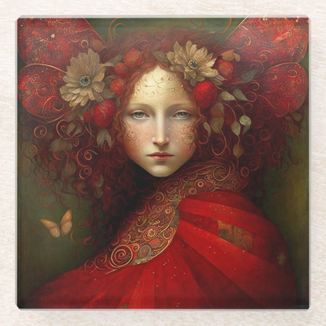 Red Fairy Fantasy Art Glass Coaster (Front)