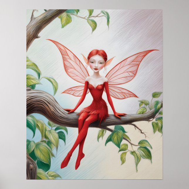 Red Fairy on a Limb Coloured Pencil Sketch Poster (Front)