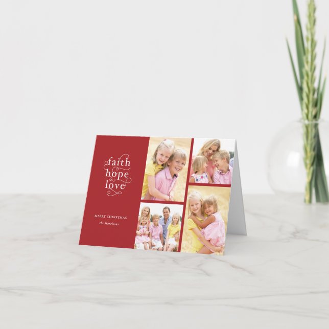 Red Faith Hope Love Photo Collage Christmas Card (Front)