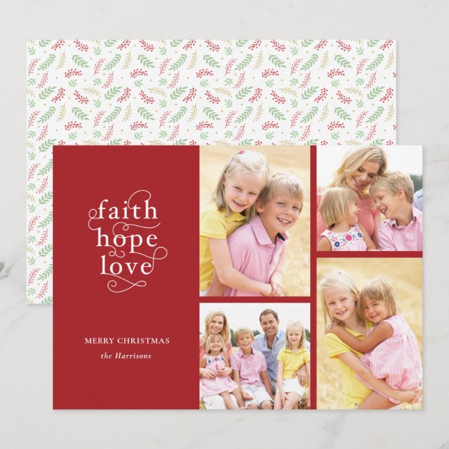 Red Faith Hope Love Typography 4-Photo Christmas Holiday Card (Front/Back)