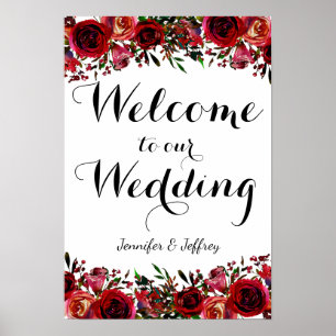 Red Fall Automne Floral Mariage Affiche de bienven