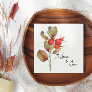 Red Fall Berries and Leaves Watercolor Napkin