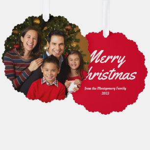 Red Family Photo Merry Christmas Ornament Card