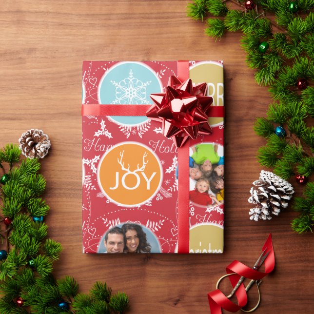Red Family Photo Reindeer Christmas Merry Bright Wrapping Paper (Holiday Gift)