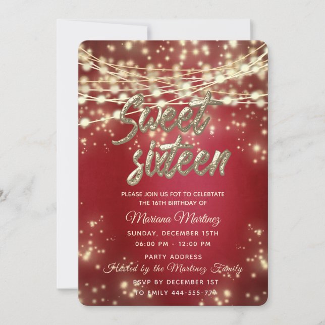 Red fancy elegant String lights gold sparkle  Invitation (Front)