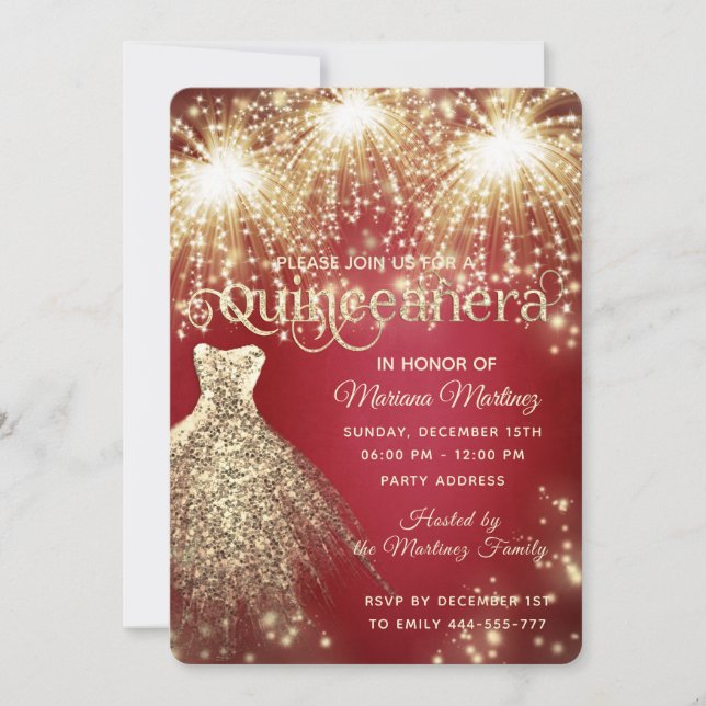 Red fancy firework gold sparkle dress invitation (Front)