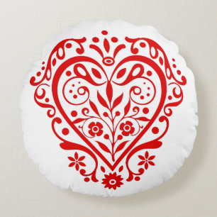 Red Fancy Heart Round Pillow