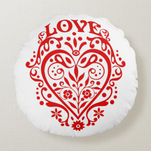 Red Fancy Love Heart Round Pillow