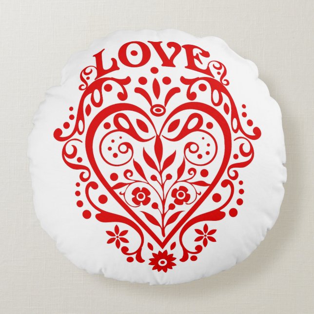 Red Fancy Love Heart Round Pillow (Front)