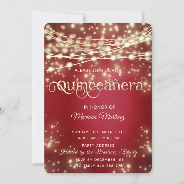 Red fancy String lights gold sparkle  Invitation (Front)