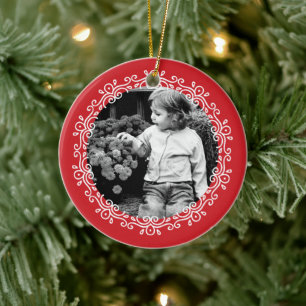 Red Fancy Swirls Photo Frame Ceramic Ornament