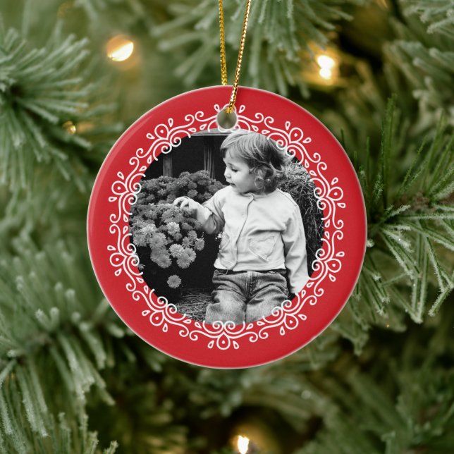 Red Fancy Swirls Photo Frame Ceramic Ornament (Tree)