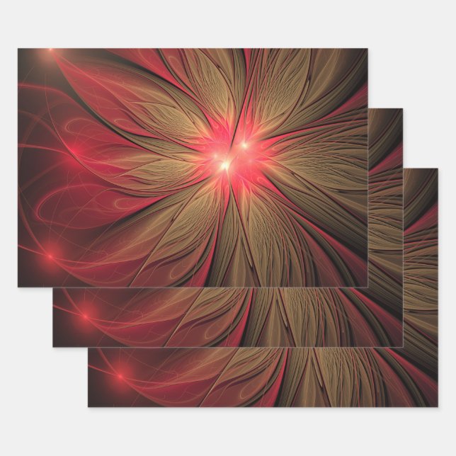 Red fansy fractal flower  wrapping paper sheet (Set)