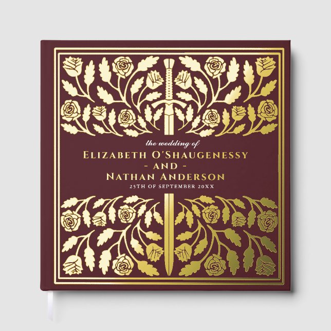 Red Fantasy Royal Medieval Sword Wedding Guest Book (Front)