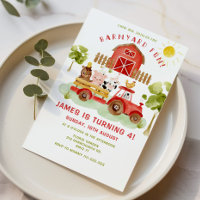 Red Farm animals 4th birthday party Invitation
