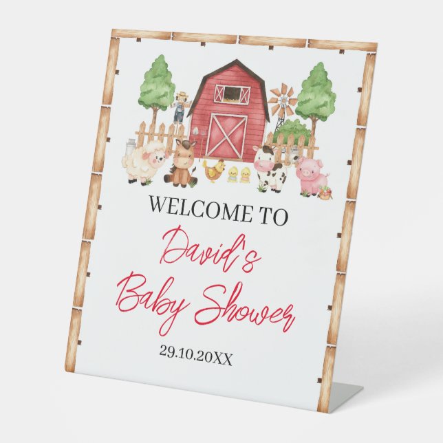 Red Farm Animals Baby Shower Pedestal Sign (Front)