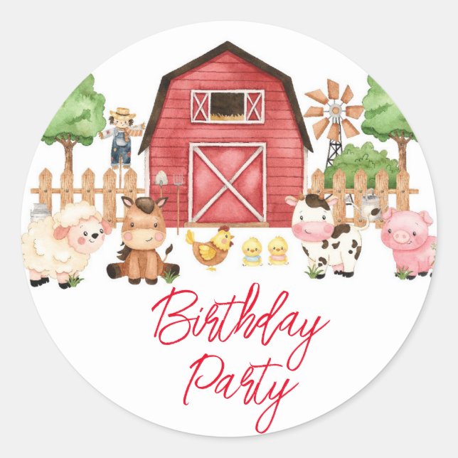 Red Farm Animals Birthday Party Classic Round Sticker (Front)