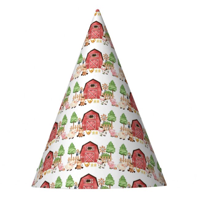 Red Farm Animals Birthday Party Hat (Front)