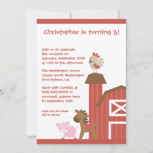 Red farm animals boy's birthday party invitation
