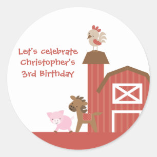 Red farm animals boy's birthday party stickers