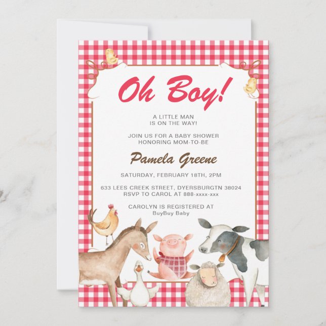 Red Farm Animaux Baby shower Invitation (Devant)