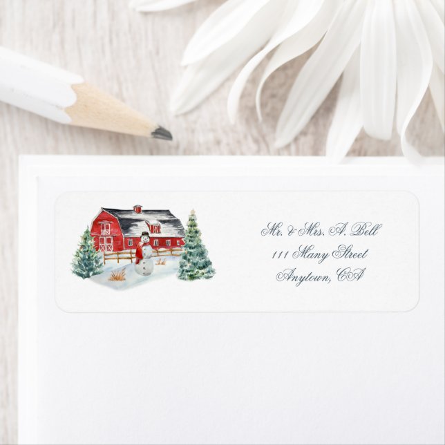 Red Farm Barnyard and Snowman Label (Insitu)