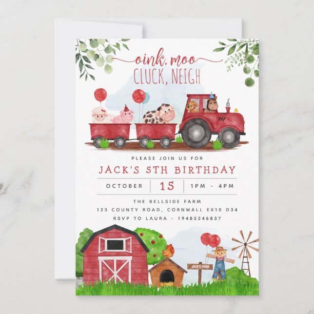 Red Farm Barnyard Animaux Anniversaire Invitation (Devant)
