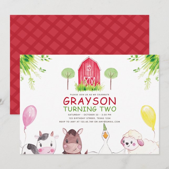 Red Farm House Watercolor  Birthday Invitation (Front/Back)