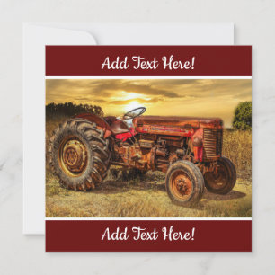 Red Farm Tractor Antique Tractor Rooster Hen Holiday Card