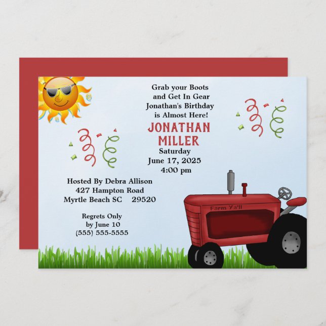 Red Farm Tractor Invitation de fête d'anniversaire (Devant / Derrière)
