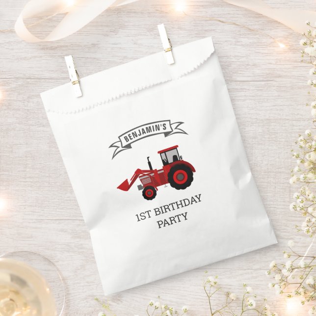 Red Farm Tractor Kids Birthday Party Favour Bag (Clipped)