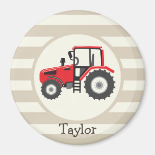 Red Farm Tractor on Tan Stripes Magnet