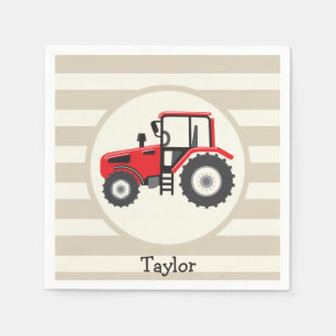 Red Farm Tractor on Tan Stripes Napkin