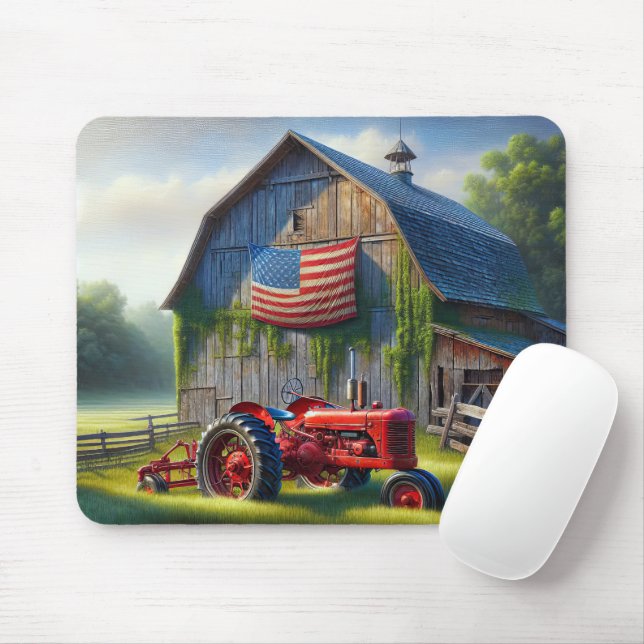 Red Farm Tractor With Patriotic Barn Mouse Pad (With Mouse)