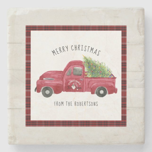 Red Farm Truck Merry Christmas Rustic Wood Tree Stone Coaster (Front)
