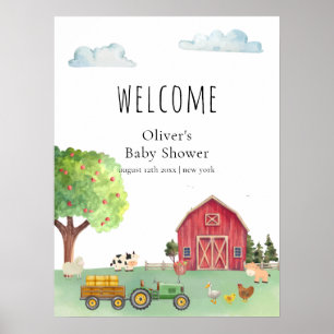Red Farmer Barnyard Tractor Baby Shower Welcome  Poster
