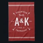 Red Farmhouse Arrow Monogram | Editable Colours Kitchen Towel<br><div class="desc">Farmhouse holiday kitchen towel personalized with your family name, monogram initials, city and established date in a trendy logo crest. Use the design tools to choose any background colour, edit the text fonts and colours or upload your own photos to create a one of a kind design. The perfect touch...</div>