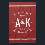 Red Farmhouse Arrow Monogram | Editable Colours Kitchen Towel<br><div class="desc">Farmhouse holiday kitchen towel personalized with your family name, monogram initials, city and established date in a trendy logo crest. Use the design tools to choose any background colour, edit the text fonts and colours or upload your own photos to create a one of a kind design. The perfect touch...</div>