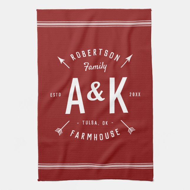 Red Farmhouse Arrow Monogram | Editable Colours Kitchen Towel (Vertical)