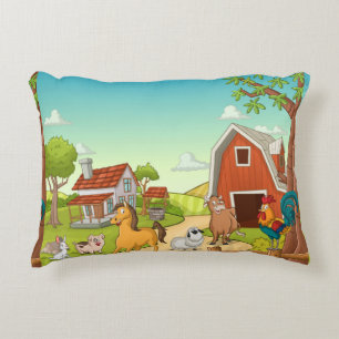 Red Farmhouse Barn and Farmyard Animals    Accent Pillow