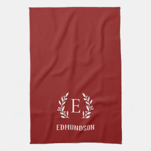 Red Farmhouse Branch Monogram   Editable Colours Kitchen Towel