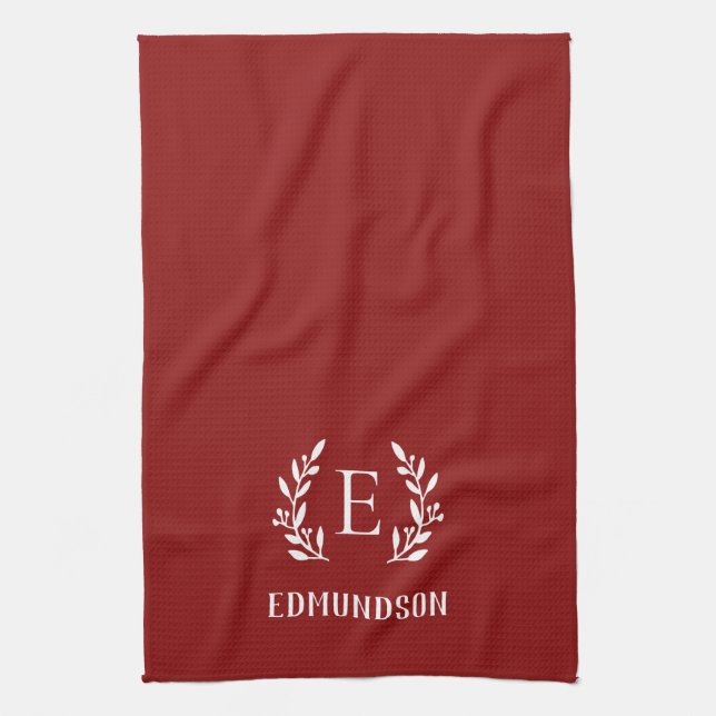 Red Farmhouse Branch Monogram | Editable Colours Kitchen Towel (Vertical)