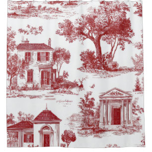 Red Farmhouse Toile Scenic Tree Pattern